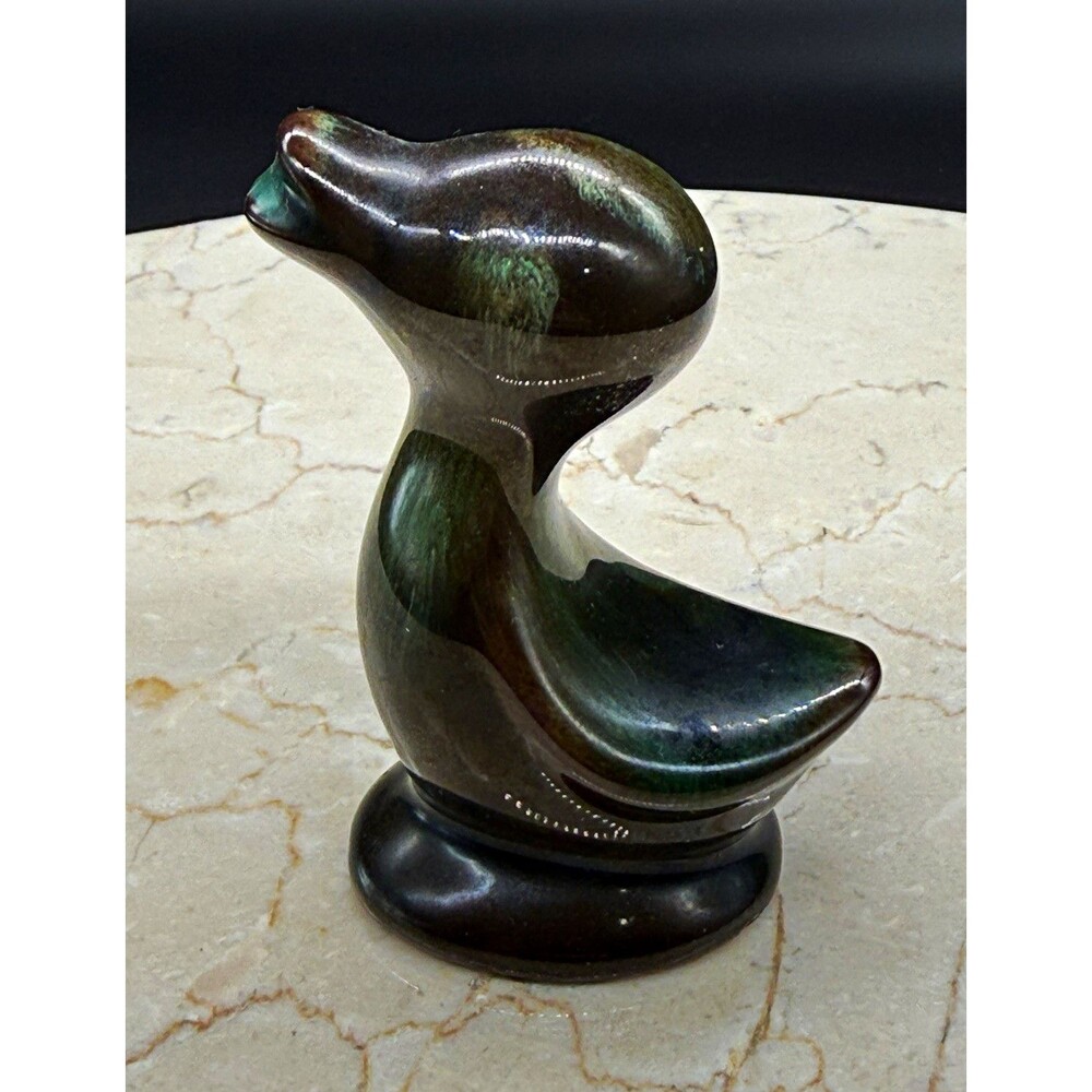 Vintage Blue Mountain Pottery Duck Figurine Green Black Glaze Canada MCM 3”